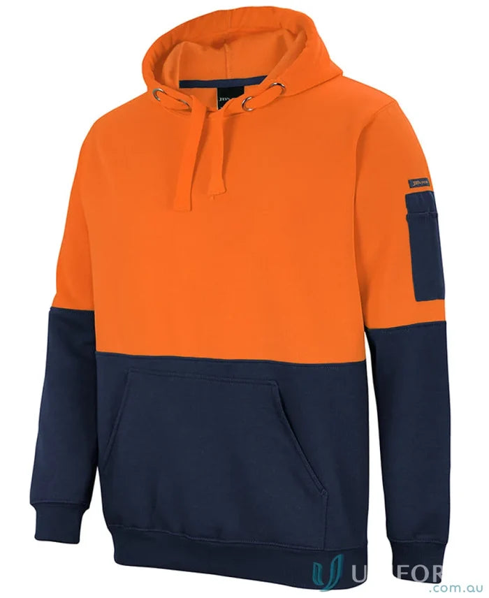 HiVis Pull Over Hoodie in orange and navy blue with utility pocket, perfect for uniforms 2xs to 7xl