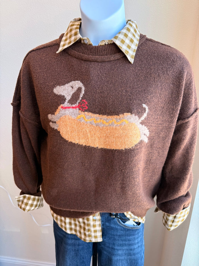 Knit crew neck sweater in dark brown with hot dog dachshund graphic and plaid collar