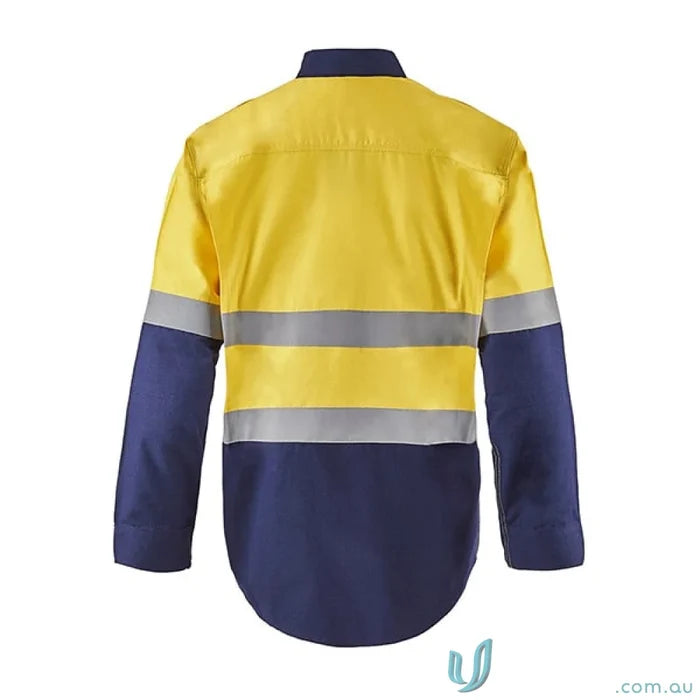 Yellow and blue safety jacket from HRC2 Inherent HiVis Reflective LS Shirt featuring gusset sleeves