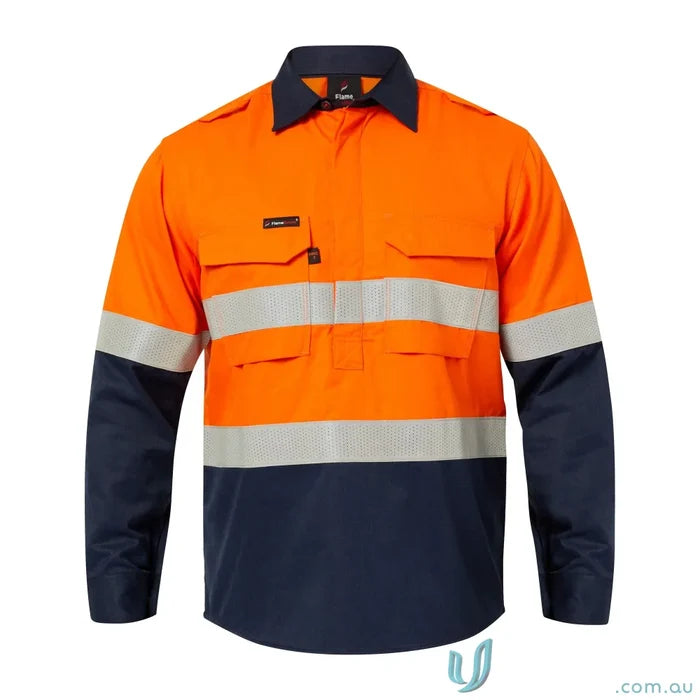 Orange and navy blue HRC2 reflective flame-resistant work shirt for heavy-duty industries