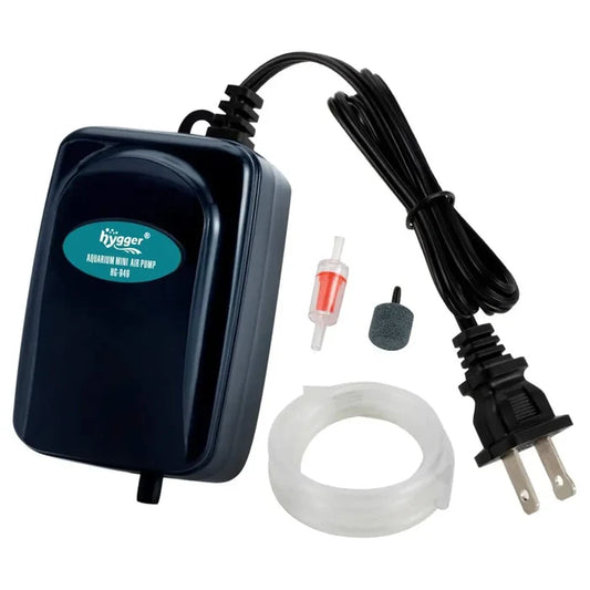 Black plastic hygger silent air pump with power cord and accessories for 5-20 gallon aquarium use