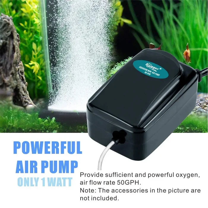 Black plastic hygger silent air pump with teal label and white power cord for 5-20 gallon aquariums