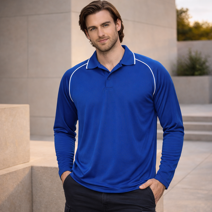 Iconic Raglan LS Polo in vibrant royal blue with white piping
