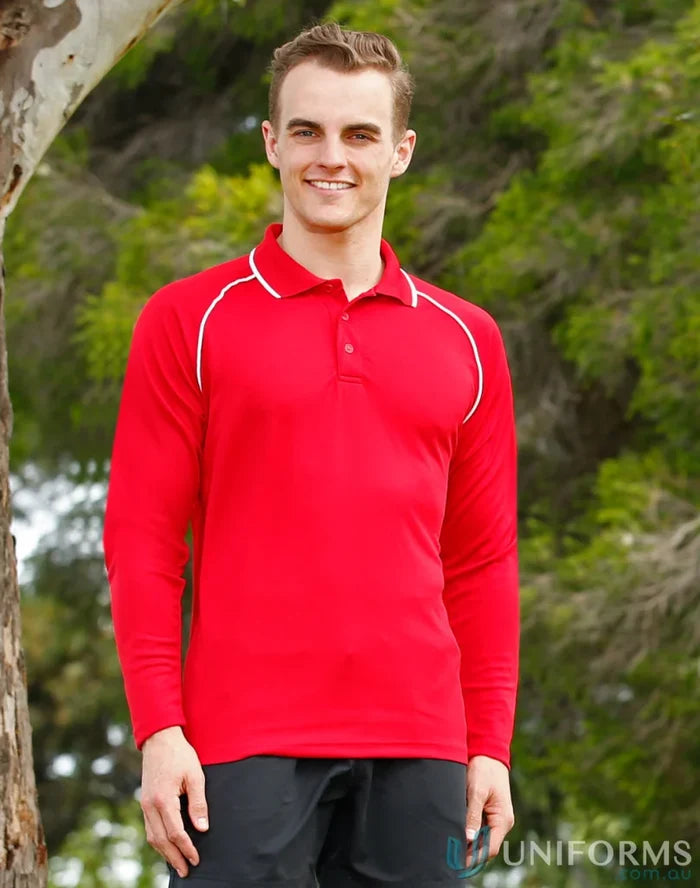 Red long-sleeved polo shirt from Winning Spirit Raglan collection, cooldry champion long style