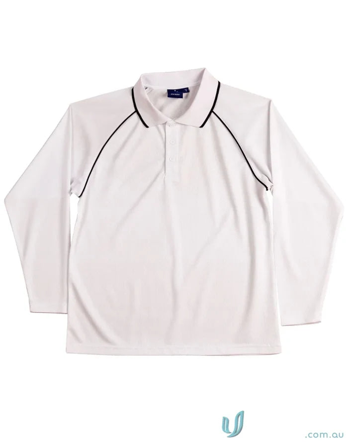 White long-sleeved polo shirt with black trim from Winning Spirit Raglan collection, cooldry champion long style