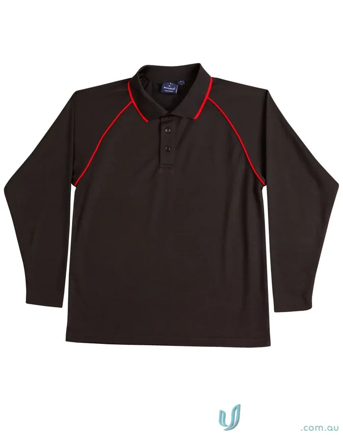 Long-sleeved black polo shirt with red trim from Champion Long sleeve polo PS43, perfect for winning spirit raglan style