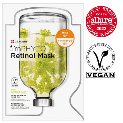 ImPHYTO Retinol | Leaders skincare product with a clear container showcasing green plant extract, featuring vegan certification and an award for beauty excellence.