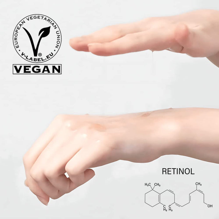 Close-up of hands applying a clear skincare product with a retinol chemical formula graphic, featuring a vegan certification logo, promoting ImPHYTO Retinol | Leaders for skincare.