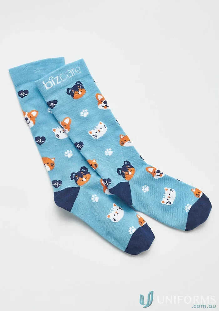 Blue socks with dog and cat faces from Unisex Happy Feet Comfort Socks for feet comfort