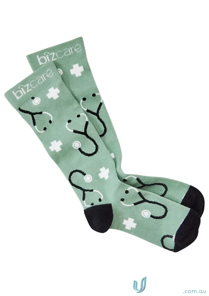 Light green unisex happy feet comfort socks with stethoscope and cross patterns