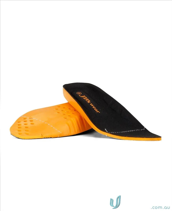 Pair of orange and black shoe insoles for work uniforms and workwear comfort