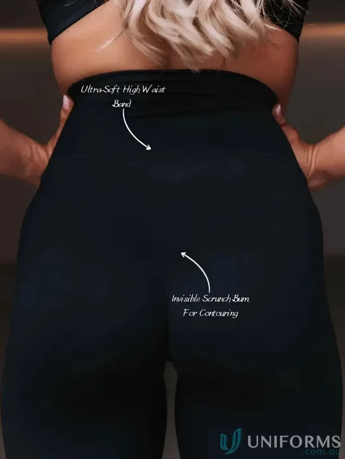 Black high-waisted leggings with ultra-soft waistband and invisible scrunch band for contouring perfect for workwear and uniforms