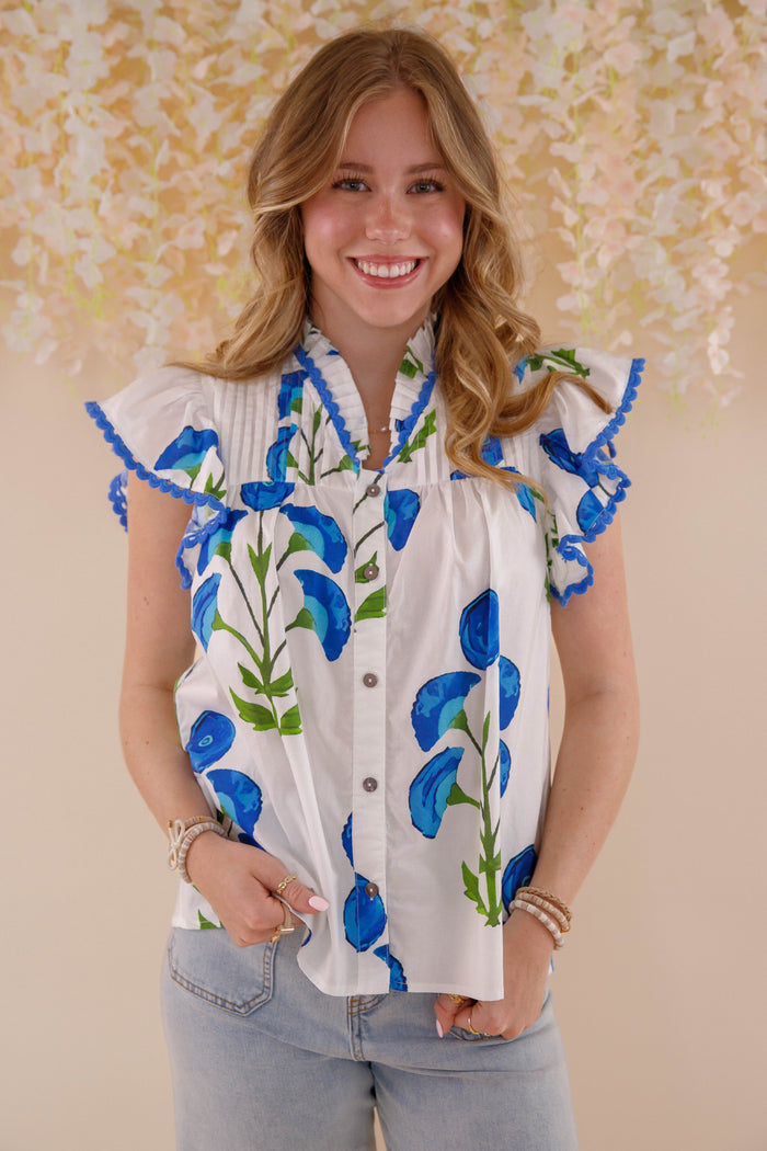 Floral Print Ruffle Sleeve Blouse- Blue and White Ruffle Top- Women's Spring Tops