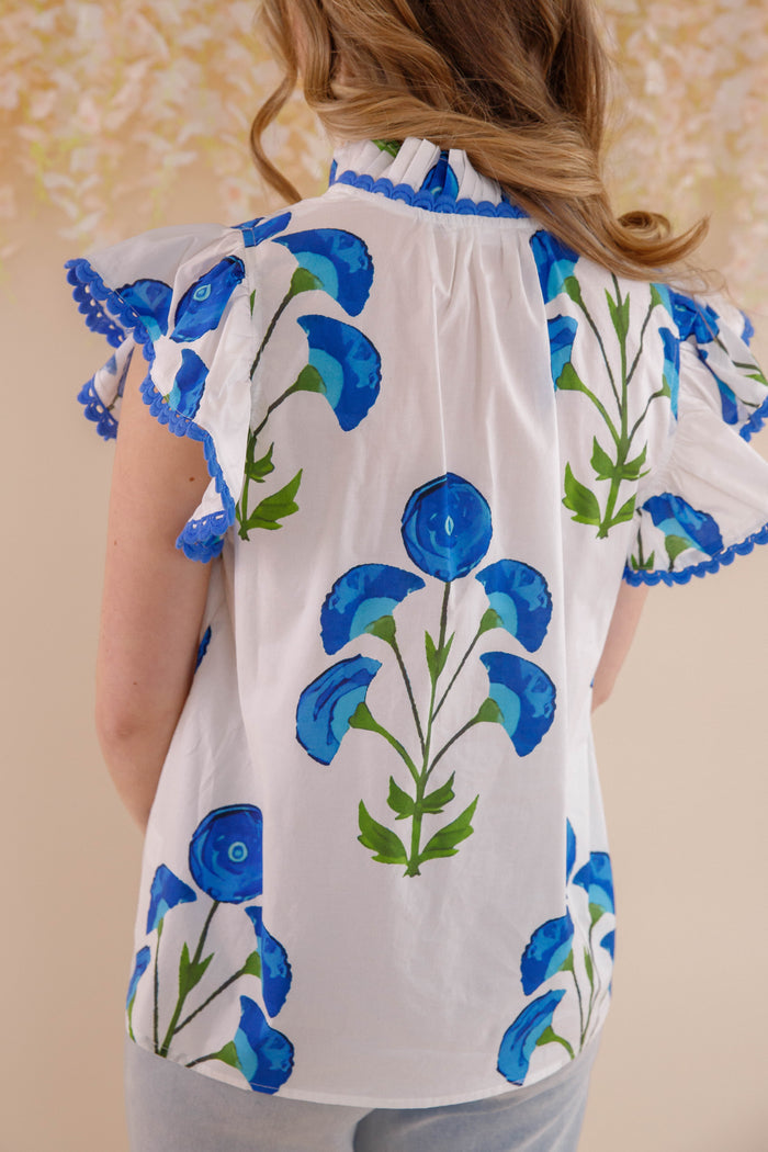 Floral Print Ruffle Sleeve Blouse- Blue and White Ruffle Top- Women's Spring Tops