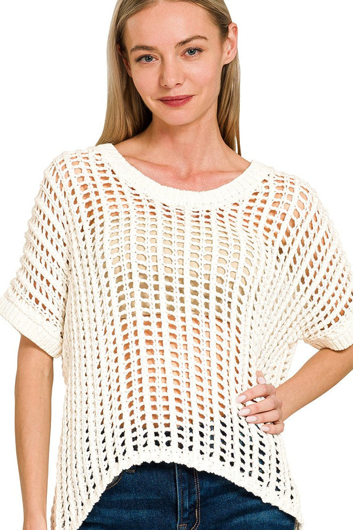 Ivory cotton crocheted sweater with short sleeves and crew neck, relaxed fit