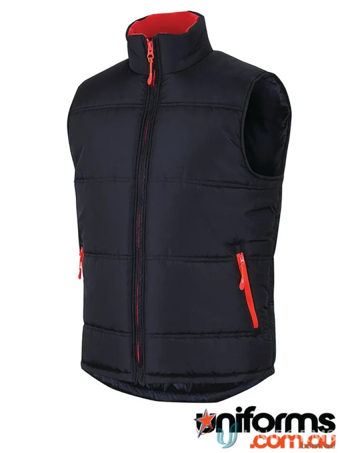 Black padded JB’S Adult Contrast Puffer Vest with red interior collar and zippers