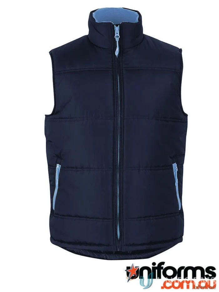 Navy blue contrast puffer vest with light blue inner collar and zipper, adult contrast puffer vest with extra-thick polyfill insulation