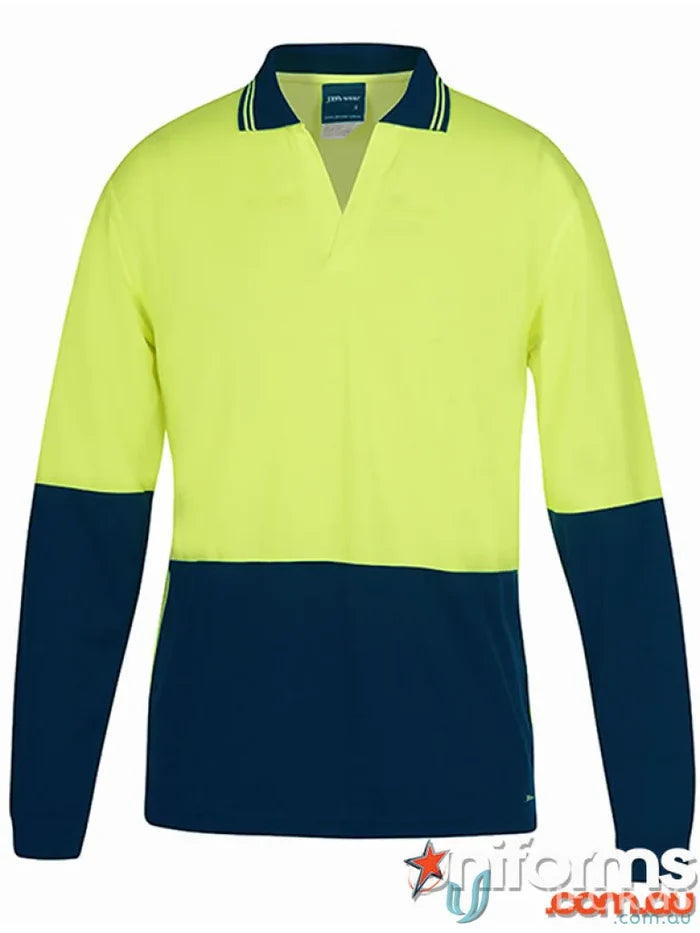 JB’S Hi-Vis L/S Non Button Polo in neon yellow and navy blue fabric workwear