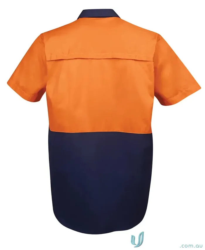 Two-tone orange and navy blue work shirt with back ventilation flap for work uniforms