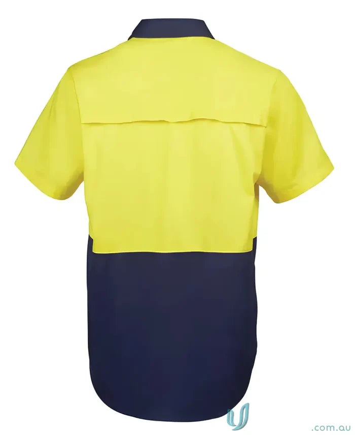 JB’s HI VIS S/S 150G Shirt in yellow and navy for work uniforms and sizing specs