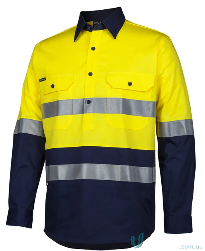 Yellow and navy work shirt with reflective stripes and collar for uniforms