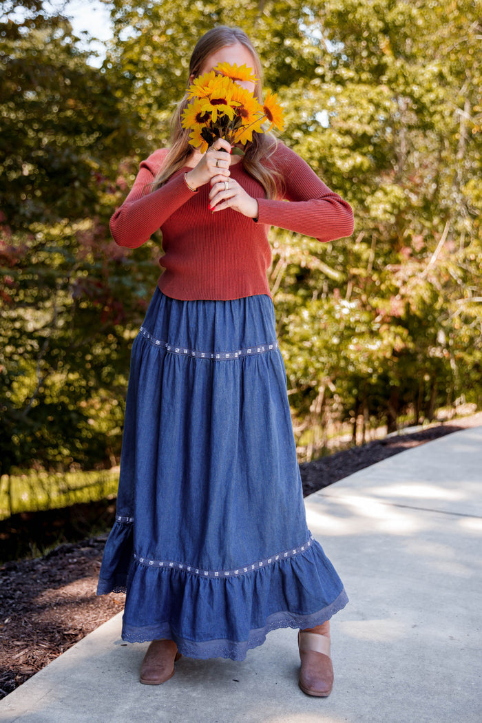 Denim Maxi Skirt- Women's Stylish Denim Maxi Skirt- Creamon Denim Skirt