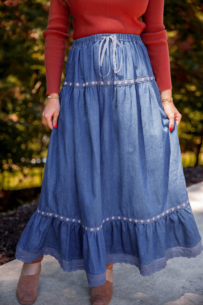 Denim Maxi Skirt- Women's Stylish Denim Maxi Skirt- Creamon Denim Skirt