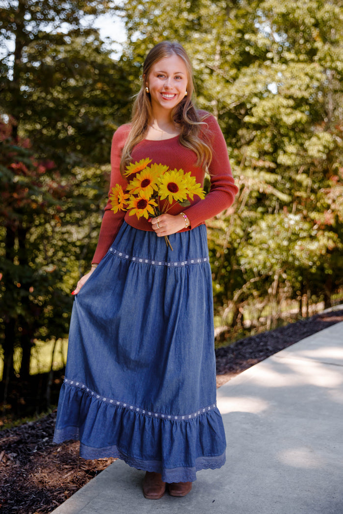 Denim Maxi Skirt- Women's Stylish Denim Maxi Skirt- Creamon Denim Skirt