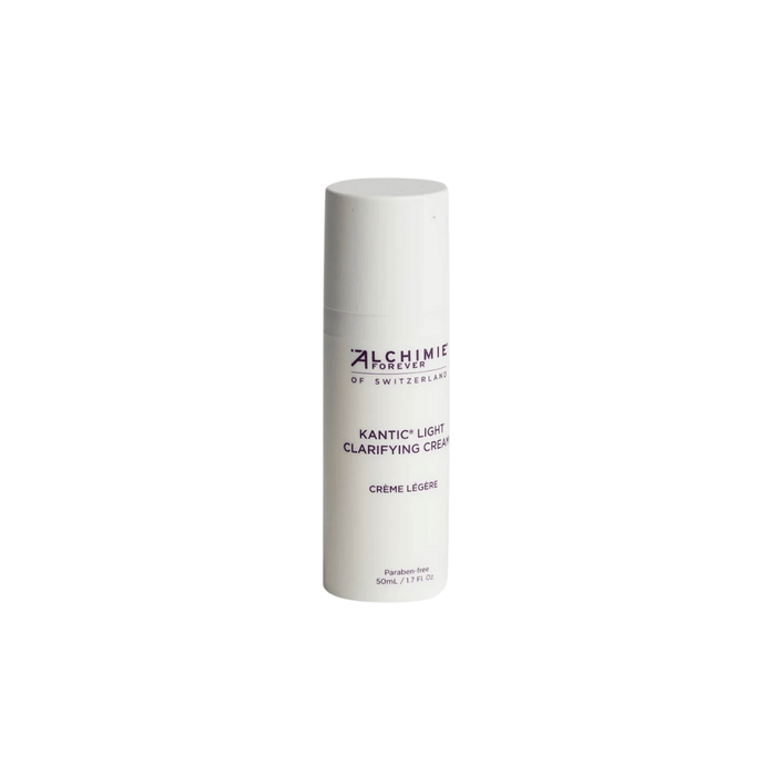 White bottle of Kantic® Light Clarifying Cream | Alchimie Forever skincare product with minimalistic design for light facial hydration and clarity.