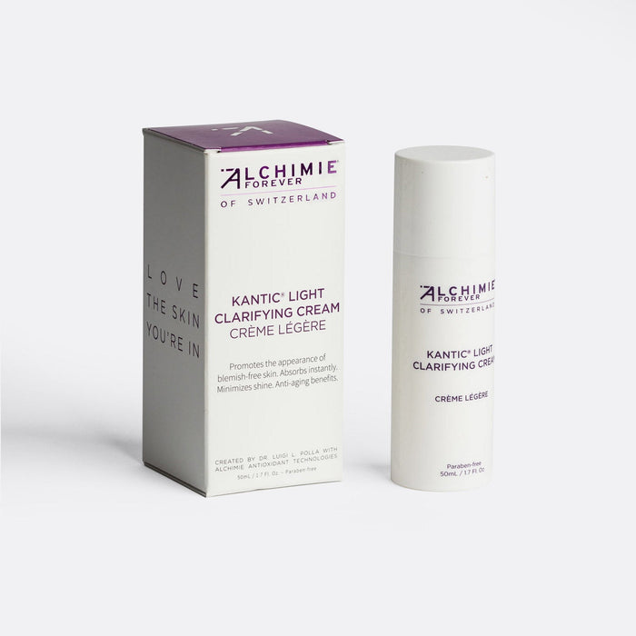 Kantic® Light Clarifying Cream | Alchimie Forever in a white bottle alongside its matching box, promoting skincare benefits like blemish reduction, anti-aging, and shine minimization.
