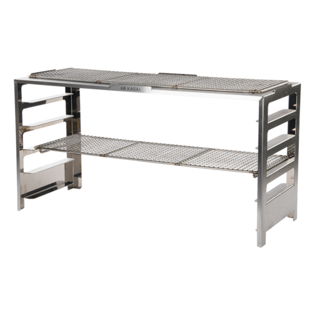 Stainless steel two-tiered roasting rack for a grill, with a brushed finish.