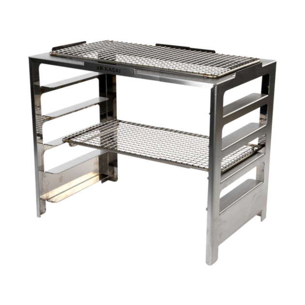A stainless steel Kasai Konro Robata Rack with two shelves, designed for use with a medium long grill.