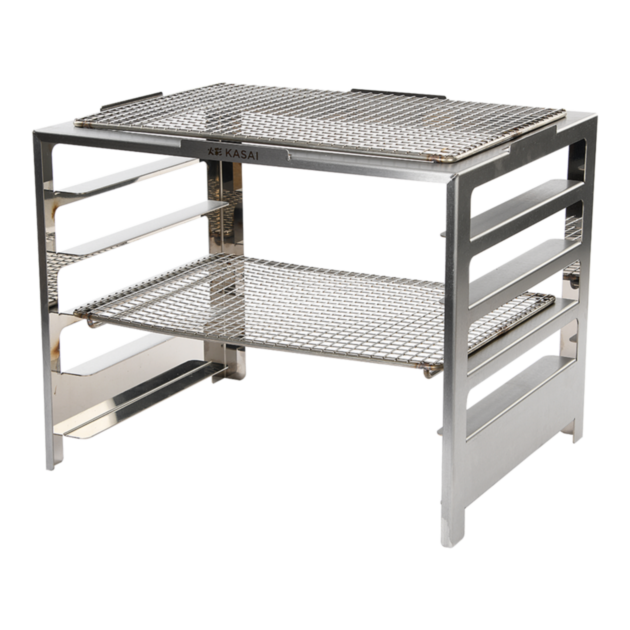 Stainless steel grilling rack with two shelves, designed for use with a medium-wide grill.