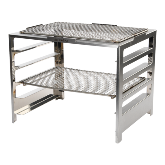 Stainless steel grilling rack with two shelves, designed for use with a medium-wide grill.