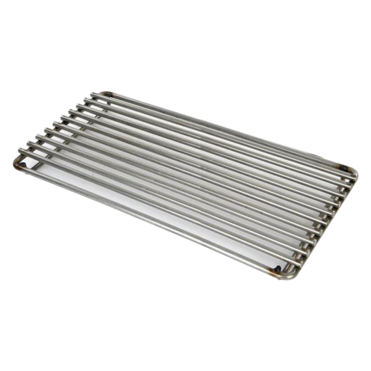 A stainless steel searing grate with parallel bars, intended for use on a grill.