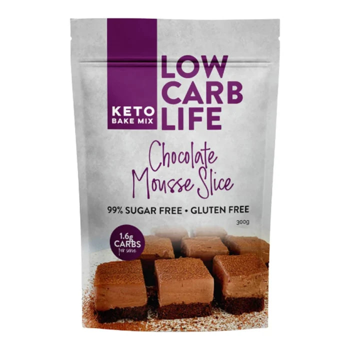 Package of Low Carb Life Keto Bake Mix for Chocolate Mousse Slice on a white background