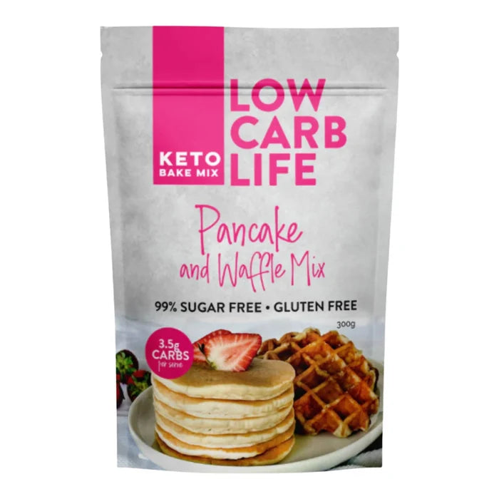 Low Carb Life Pancake and Waffle Mix packaging with images of pancakes and waffles on a white background.
