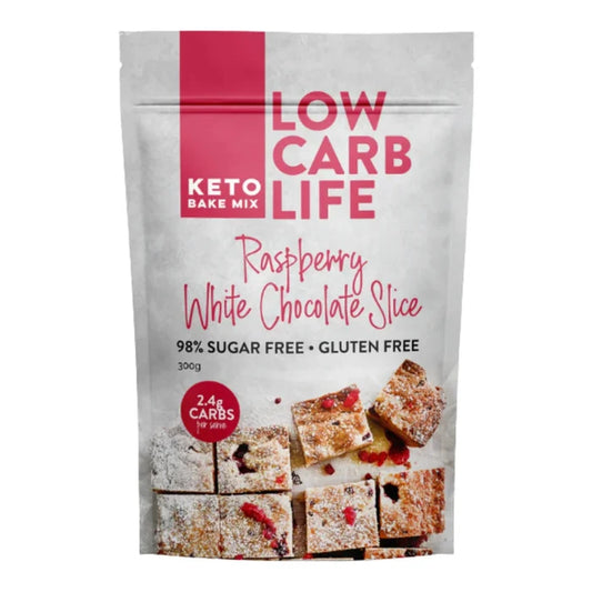 Package of Low Carb Life Keto Bake Mix for Raspberry White Chocolate Slice on a white background