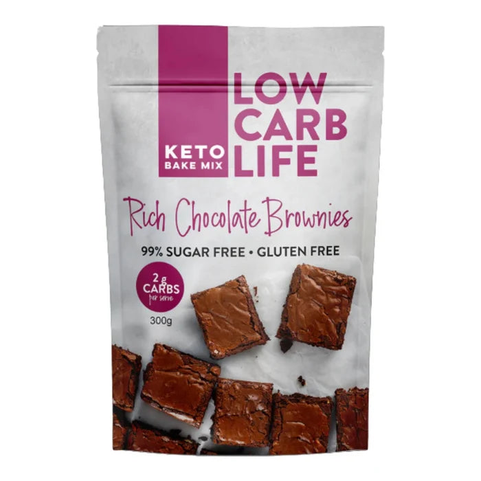 Package of Low Carb Life Keto Bake Mix for Rich Chocolate Brownies on a white background