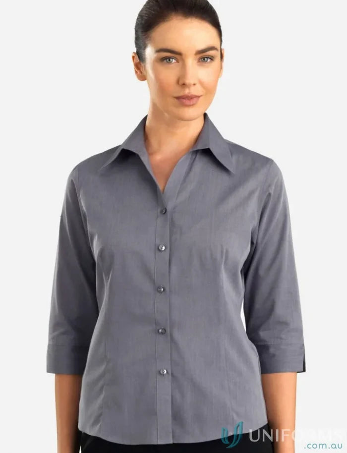 Gray sleeve chambray shirt with open neck design for all-day comfort by Keval Ladies