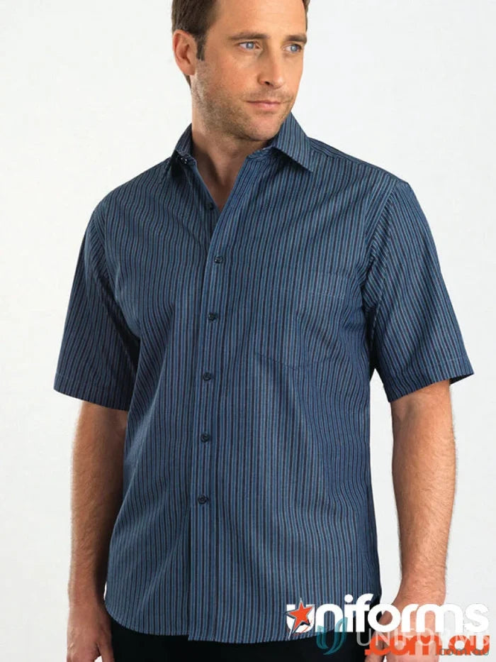 Men’s navy blue pinstripe short sleeve bold stripe shirt from 443-jk Keval Men’s collection