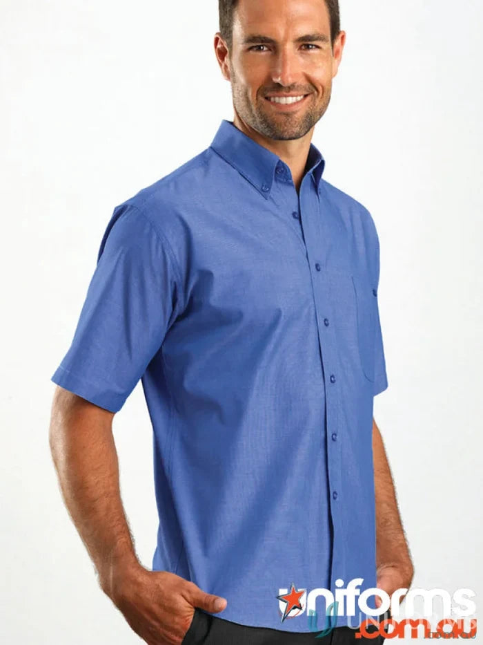 Smiling man in Keval Mens SS Chambray Shirt, 265-JK style, men’s short sleeve casual wear