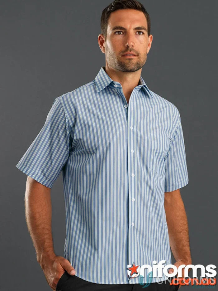 Keval Men’s fashion stripe short-sleeve button-up shirt with blue and white stripes
