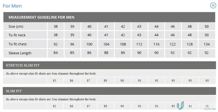 Dark stripe shirt size chart for Keval men’s slim fit LS shirt with measurements