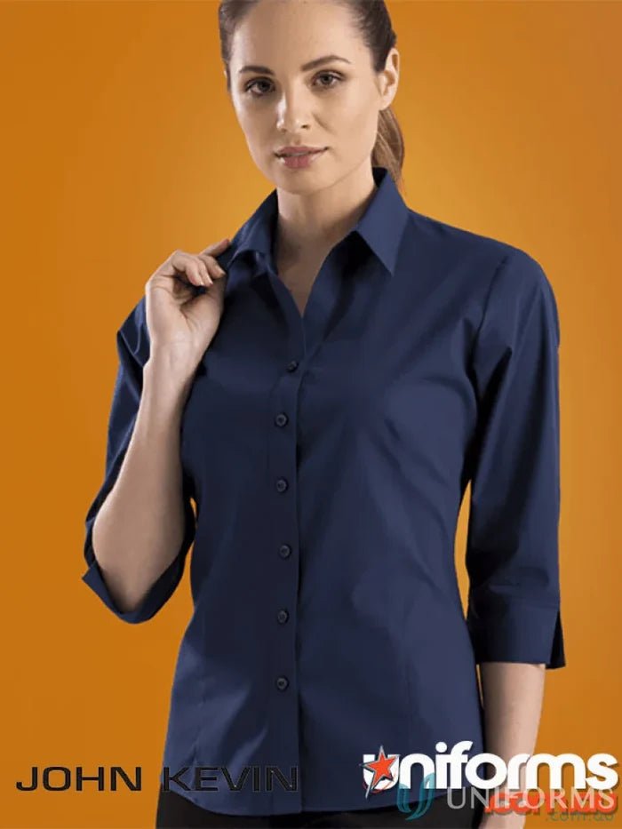 Woman wearing Keval Womens 3Qtr Poplin Shirt in navy blue with semi-tailored fit style 500-jk
