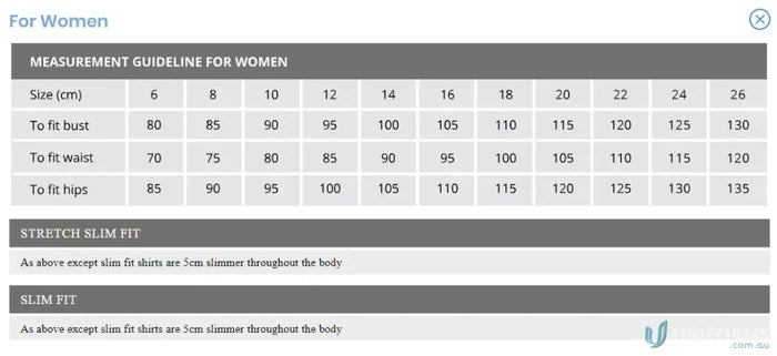Size chart for Keval Women’s LS Dark Stripe Shirt in semi-tailored fit