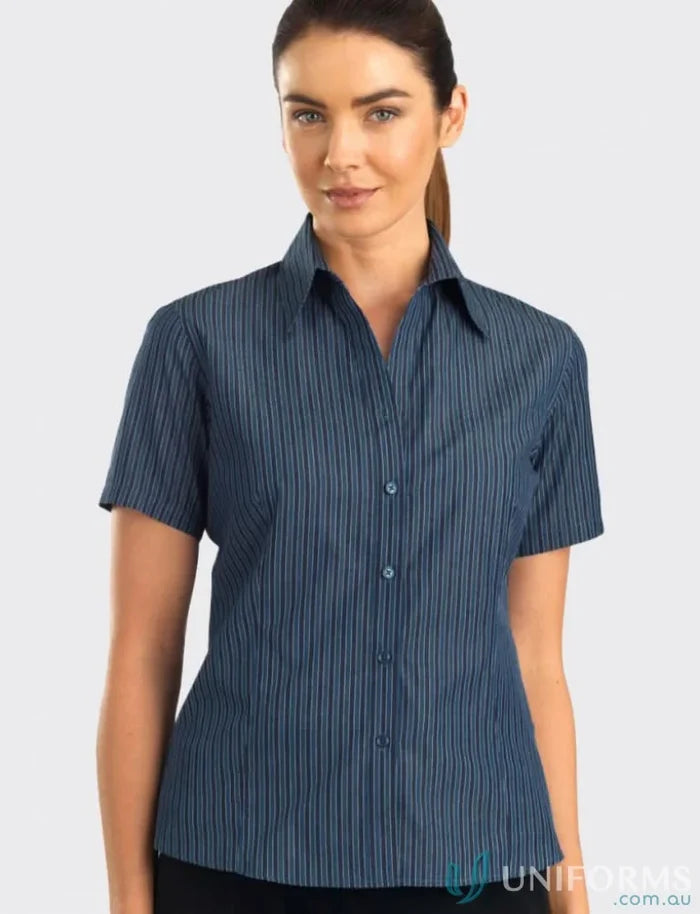 Keval women’s short sleeve bold stripe shirt in navy with white vertical stripes