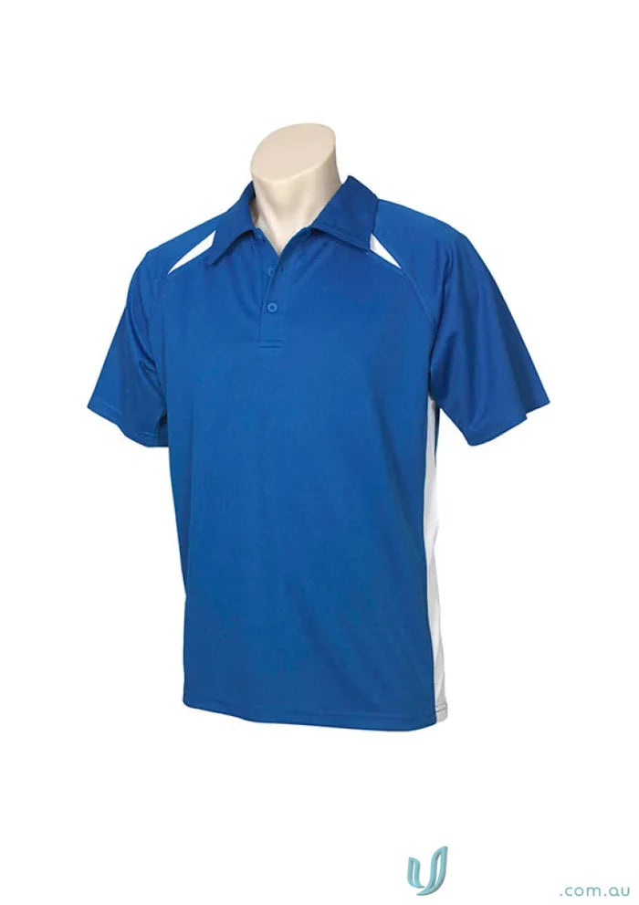Kids Splice Polo with blue color and contrast panels on mannequin