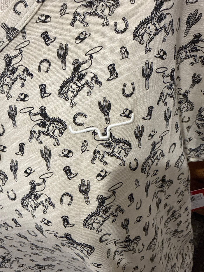 Light tan graphic T-shirt fabric close-up with black cowboy and cactus print