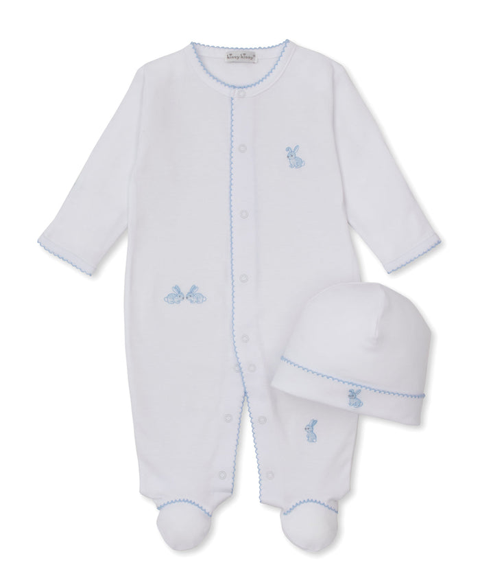 Kissy Kissy Snap Footie/Hat Set in Blue Trim Springtime Bunny Fun